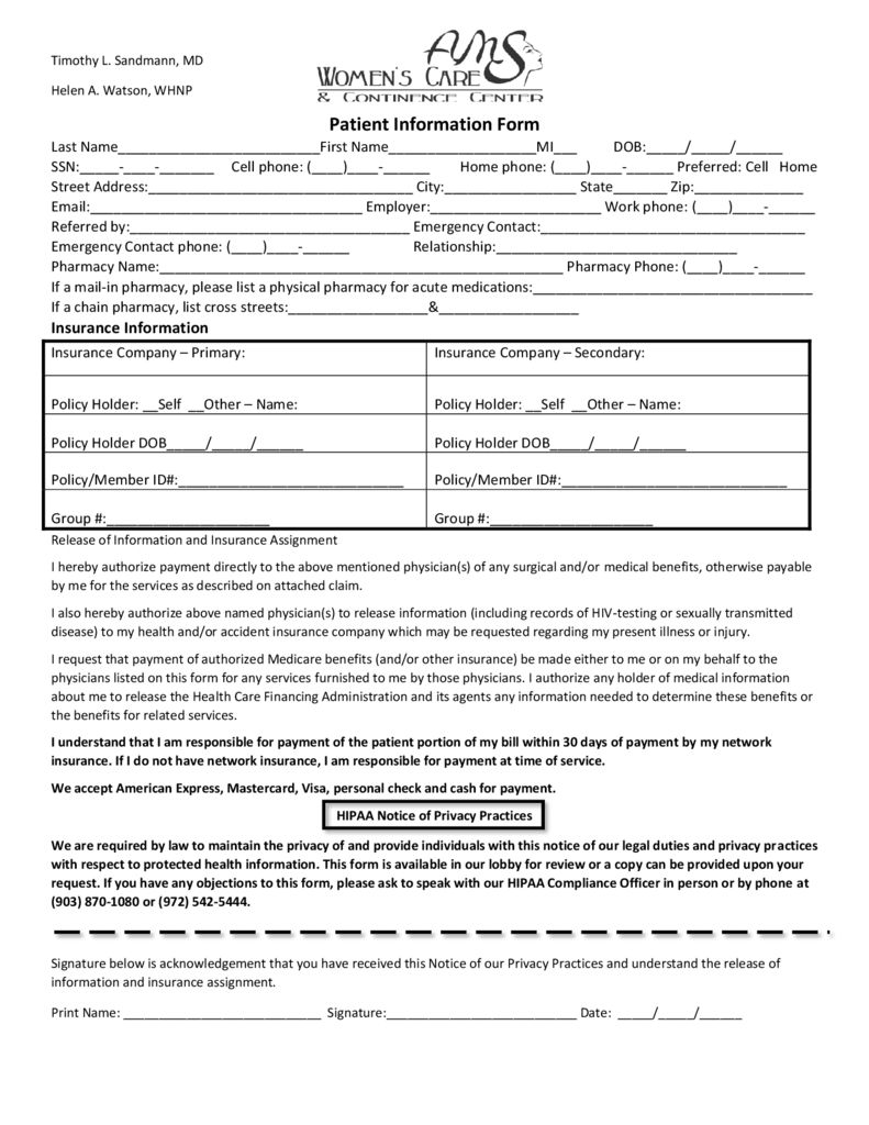 Patient Information Form AMS Womens Care